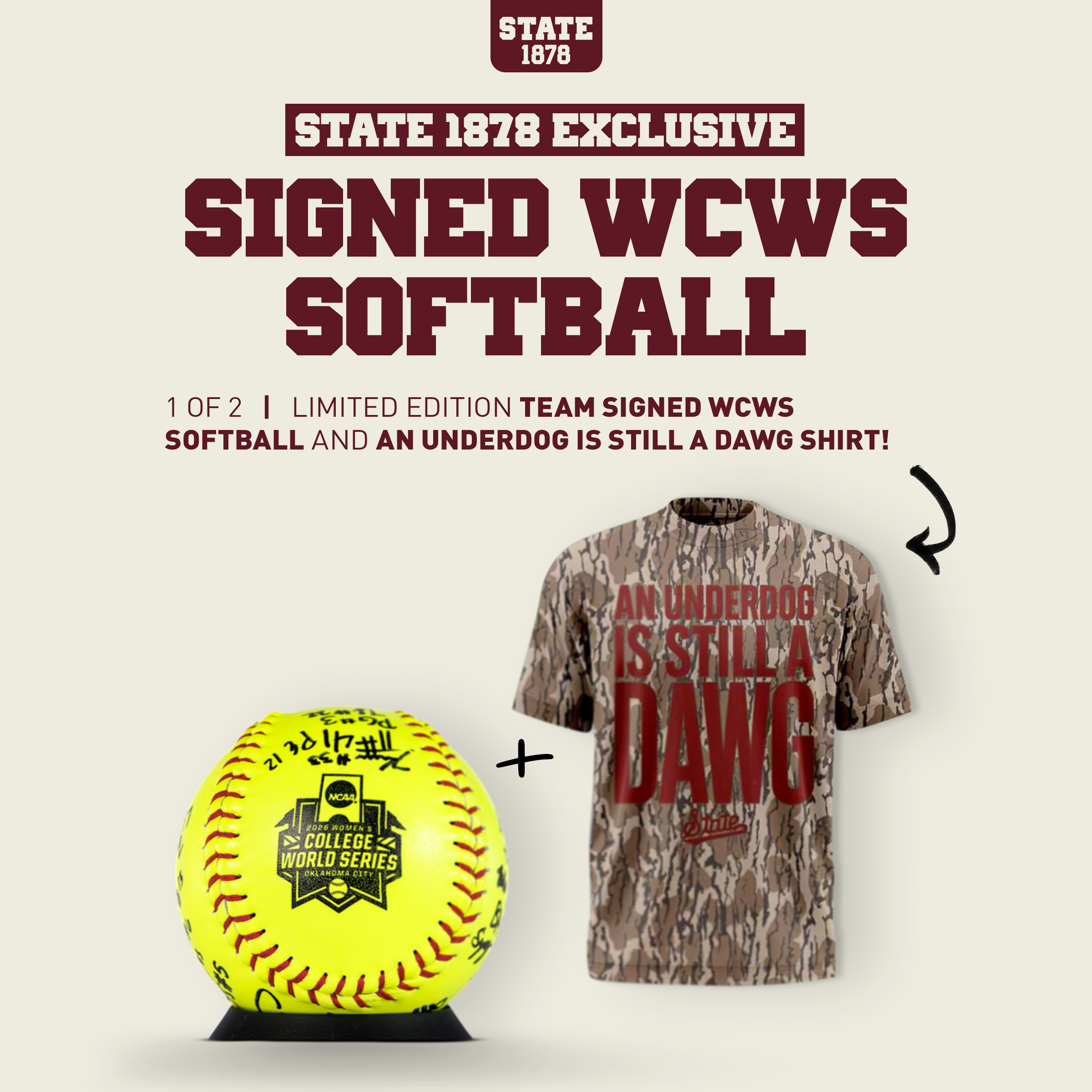 STATE 1878 EXCLUSIVE: Signed WCWS Softball + Shirt